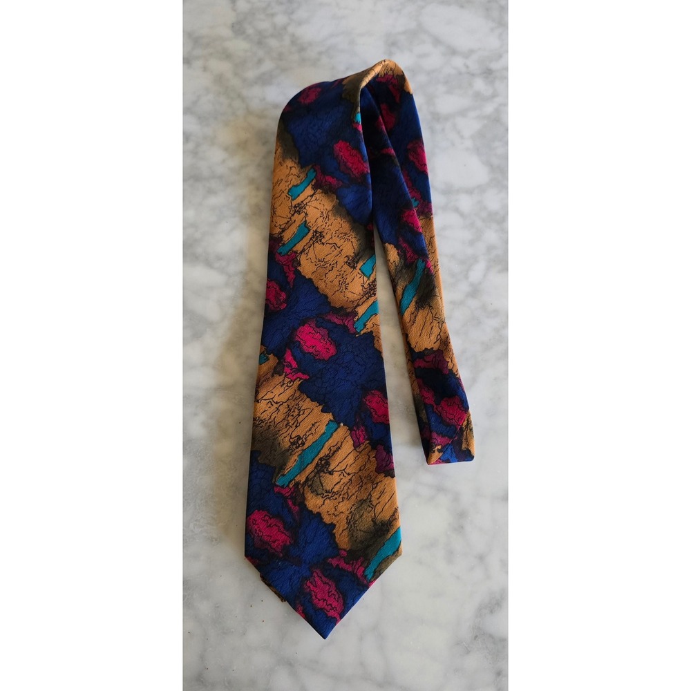 J. Garcia Mens Abstract Art Silk Tie Blue Magenta Gold Made in USA Jerry Garcia